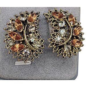 Smokey Gray & Topaz Rhinestone Curved Clip On Earrings Vintage Gold Tone Setting